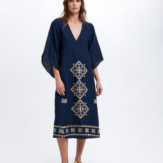 Young Ideas & Henmores -Lefkada Linen Bell Sleeve Midi Dress -Blue Navy/Gold -L