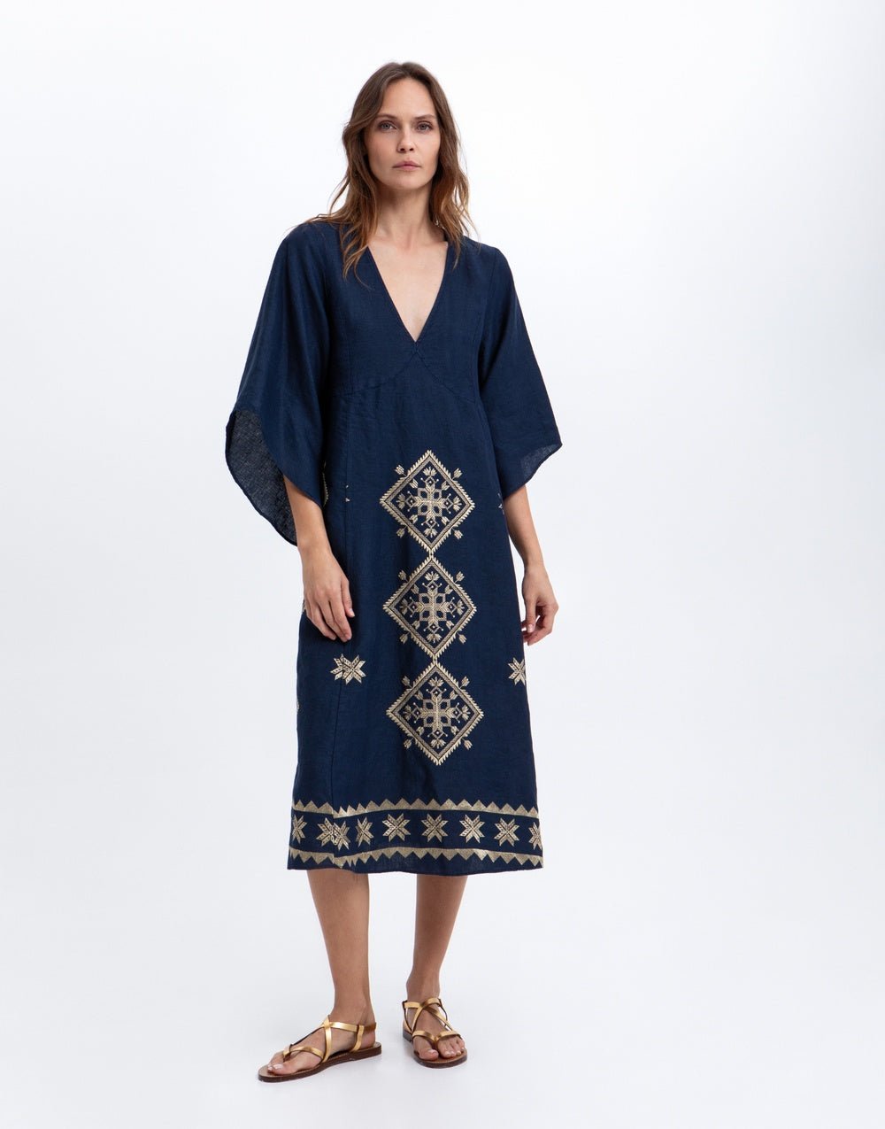 Young Ideas & Henmores -Lefkada Linen Bell Sleeve Midi Dress -Blue Navy/Gold -L