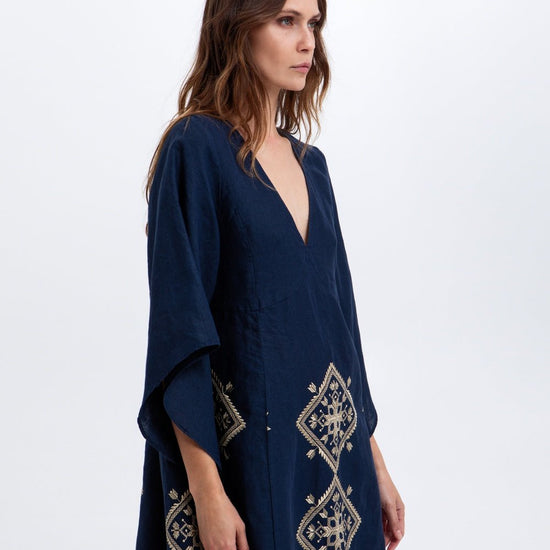 Young Ideas & Henmores -Lefkada Linen Bell Sleeve Midi Dress -Blue Navy/Gold -L