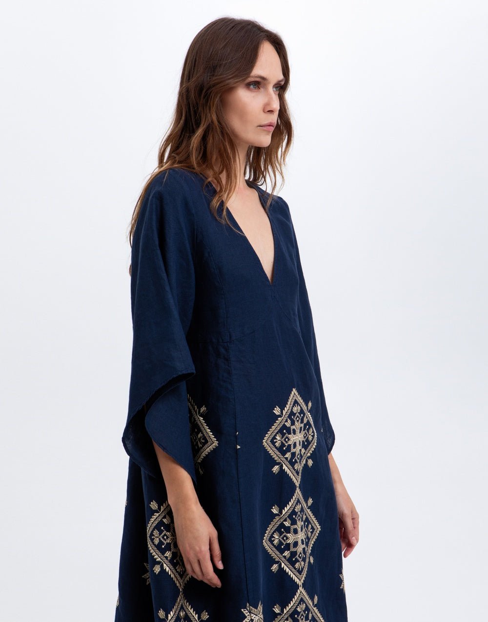 Young Ideas & Henmores -Lefkada Linen Bell Sleeve Midi Dress -Blue Navy/Gold -L