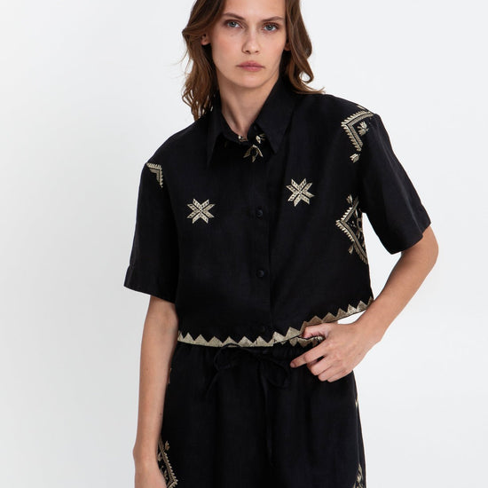 Young Ideas & Henmores - Lefkada Linen Cropped Short Sleeve Shirt - Beige/Black - M