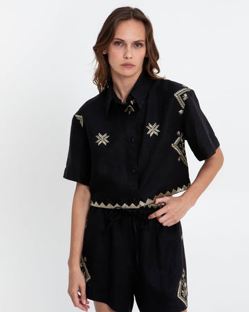Young Ideas & Henmores - Lefkada Linen Cropped Short Sleeve Shirt - Beige/Black - M