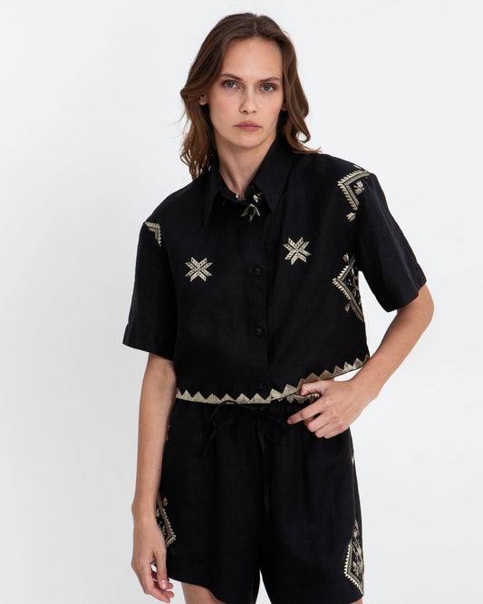 Young Ideas & Henmores - Lefkada Linen Cropped Short Sleeve Shirt - Beige/Black - M