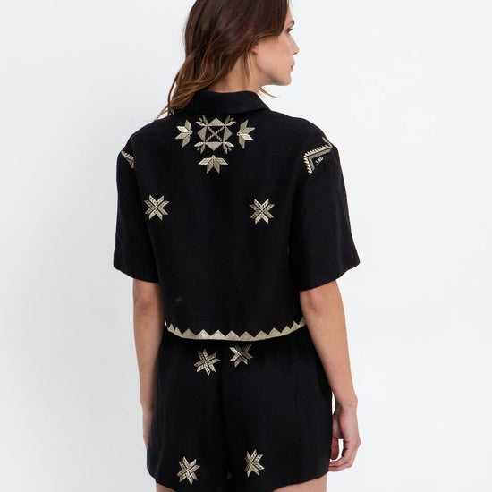 Young Ideas & Henmores - Lefkada Linen Cropped Short Sleeve Shirt - Black/Gold - M
