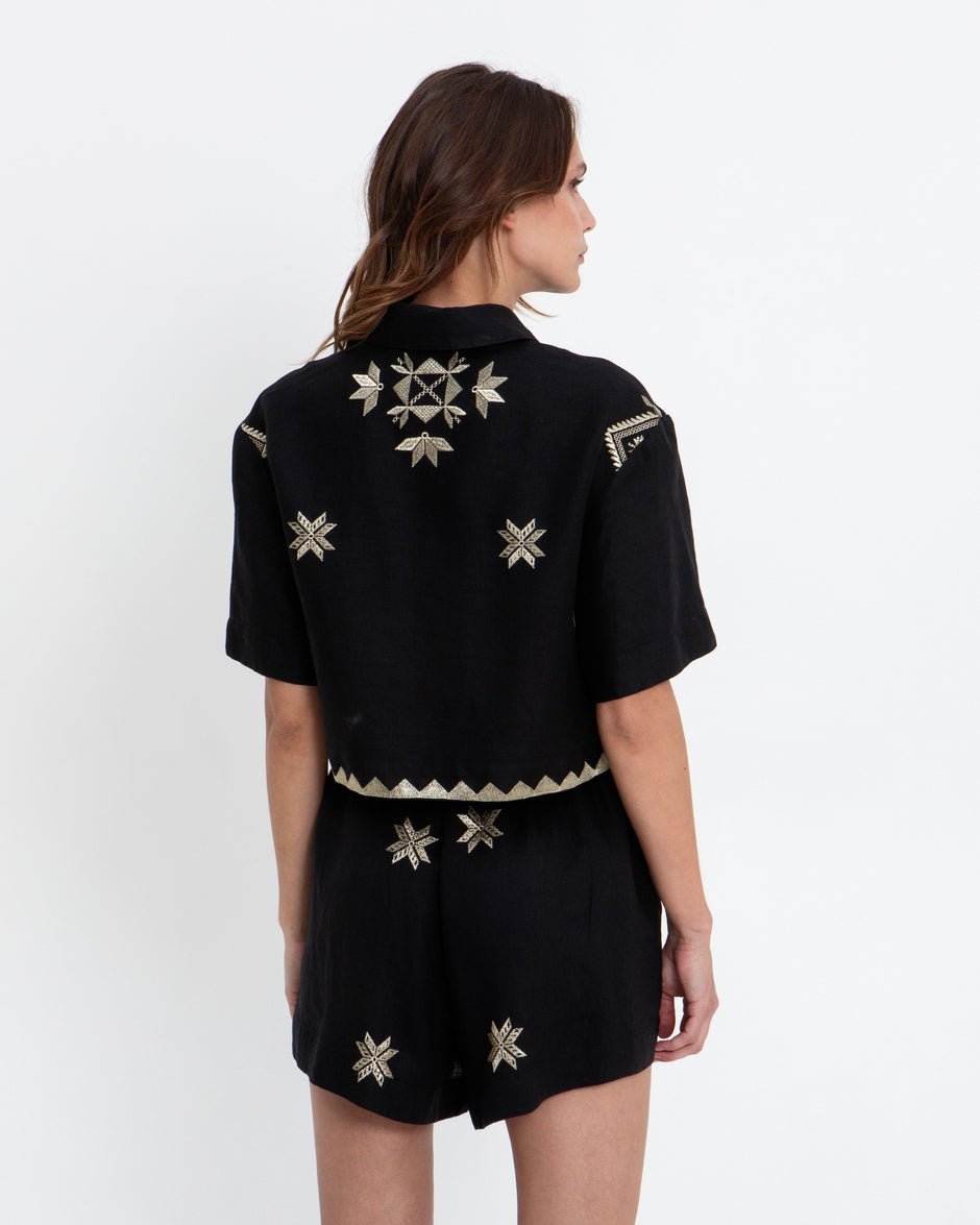 Young Ideas & Henmores - Lefkada Linen Cropped Short Sleeve Shirt - Black/Gold - M