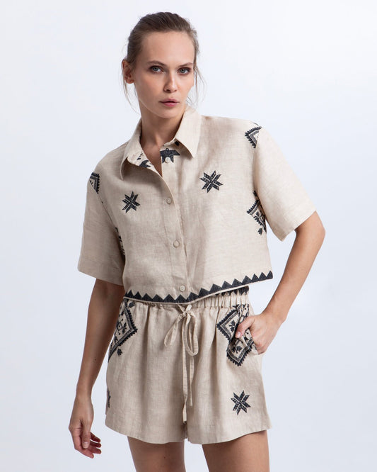 Young Ideas & Henmores - Lefkada Linen Cropped Short Sleeve Shirt - Black/Gold - M