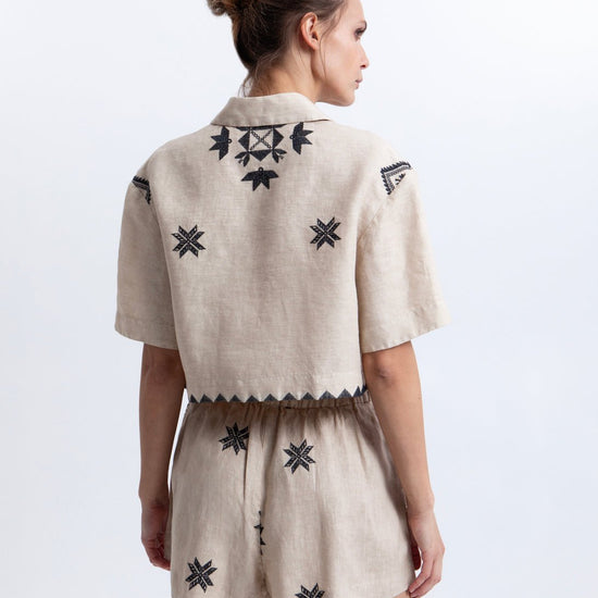 Young Ideas & Henmores - Lefkada Linen Cropped Short Sleeve Shirt - Black/Gold - M