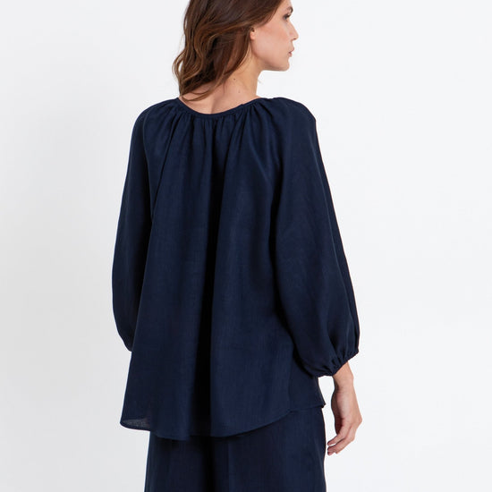 Young Ideas & Henmores - Linen V Cut Out Blouse - Navy - L