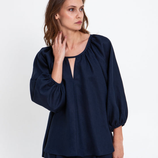 Young Ideas & Henmores - Linen V Cut Out Blouse - Navy - L