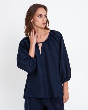 Young Ideas & Henmores - Linen V Cut Out Blouse - Navy - L