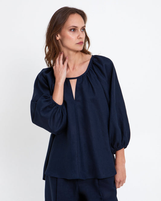 Young Ideas & Henmores - Linen V Cut Out Blouse - Navy - L