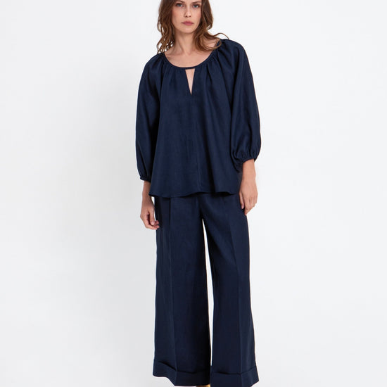 Young Ideas & Henmores - Linen V Cut Out Blouse - Navy - L