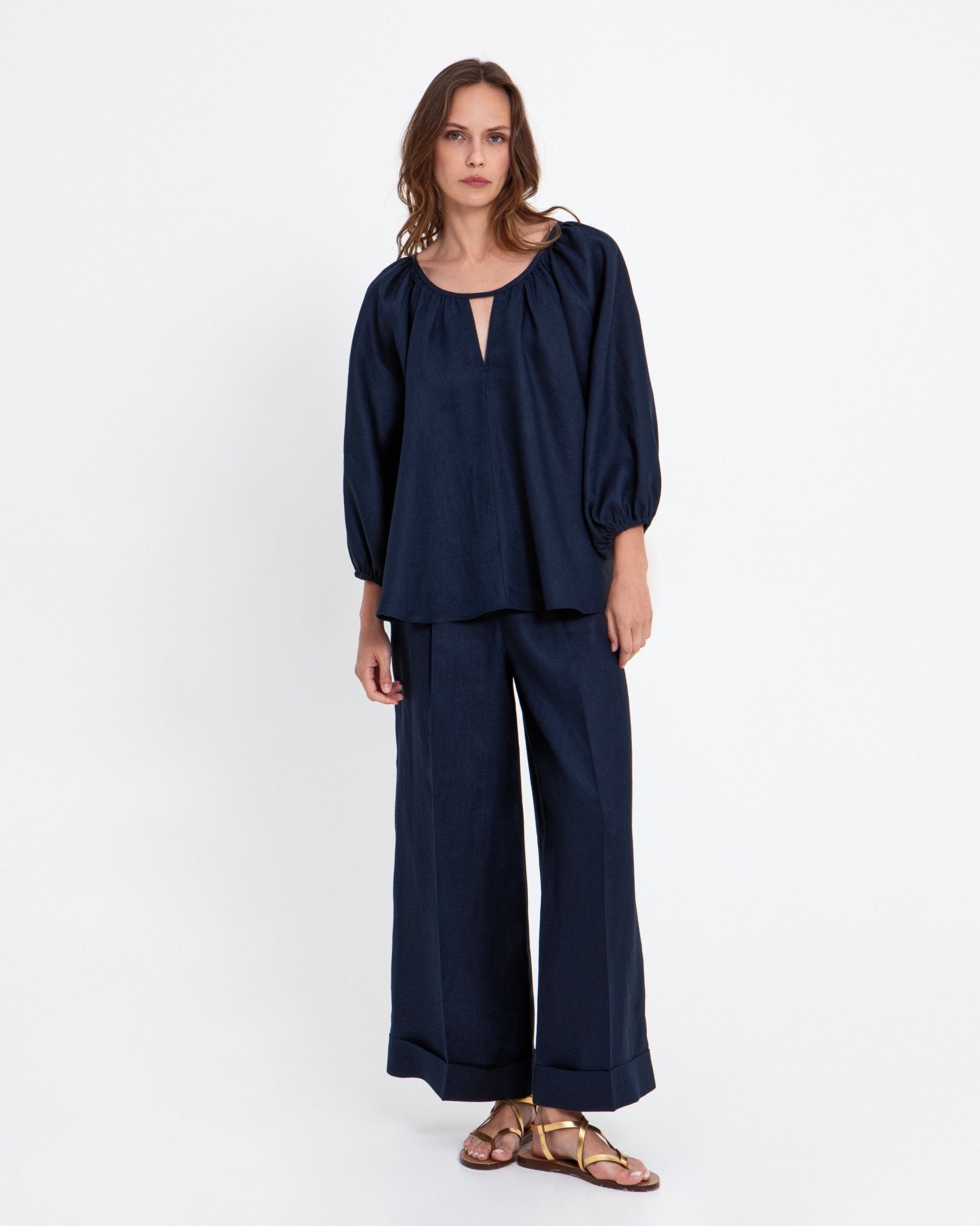 Young Ideas & Henmores - Linen V Cut Out Blouse - Navy - L