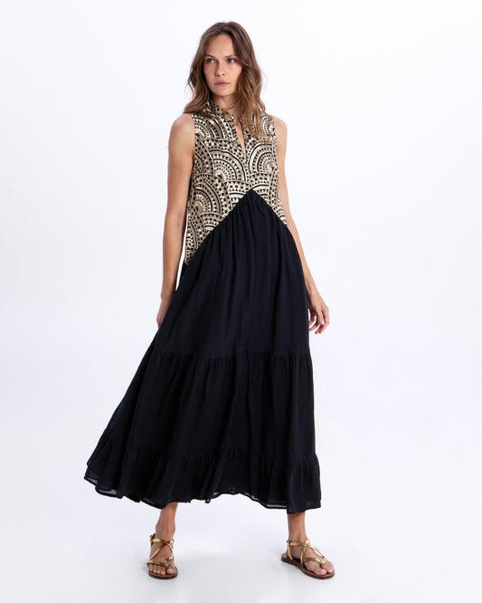 Young Ideas & Henmores -New Triangle Embroidered Sleeveless Midi Dress -Black/Gold -L