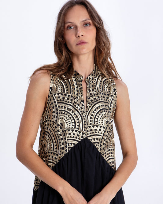 Young Ideas & Henmores -New Triangle Embroidered Sleeveless Midi Dress -Black/Gold -L