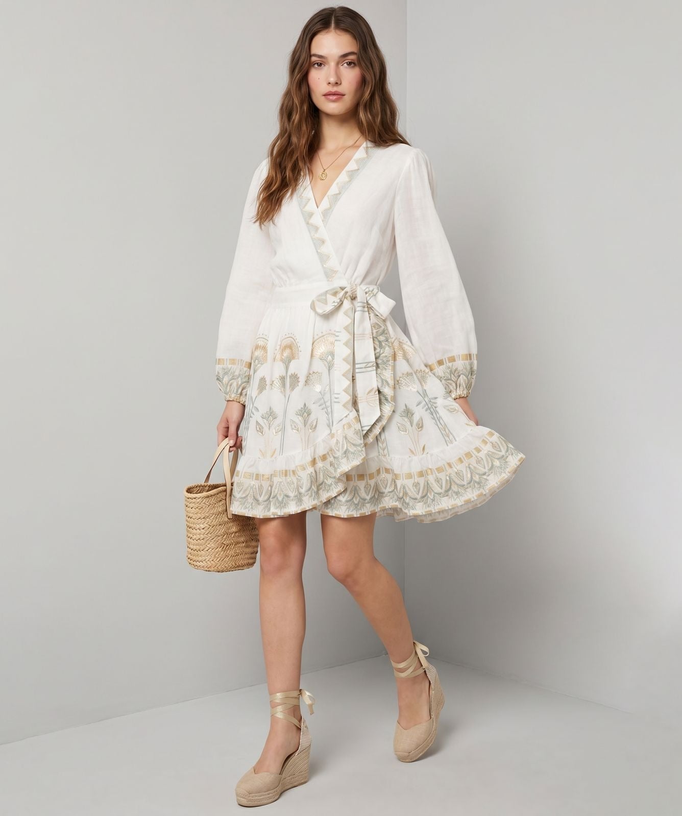 Young Ideas & Henmores -Papyrus Wrap Mini Dress -White/Multi Mint -M