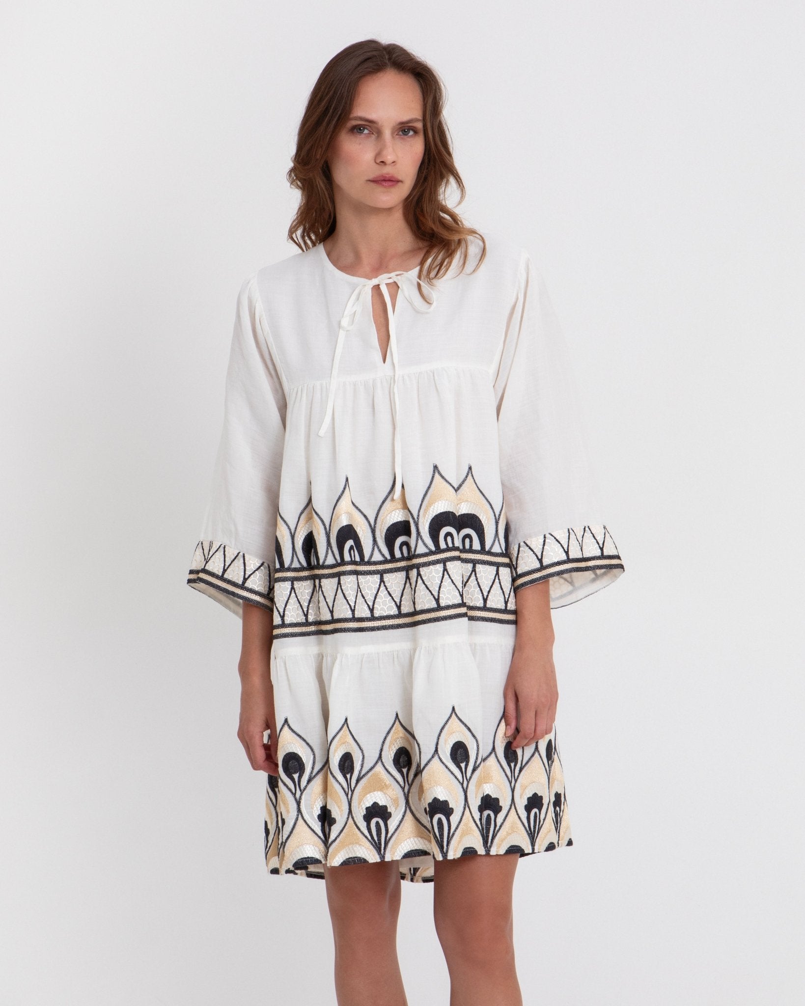 Young Ideas & Henmores -Phoenix Tiered Tie Top Dress -Natural/Black Multi -L