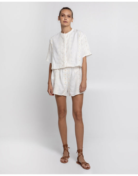 Young Ideas/Henmores - Pixel Elasticated Waist Linen Shorts - 1103 White Ecru Gold - XS