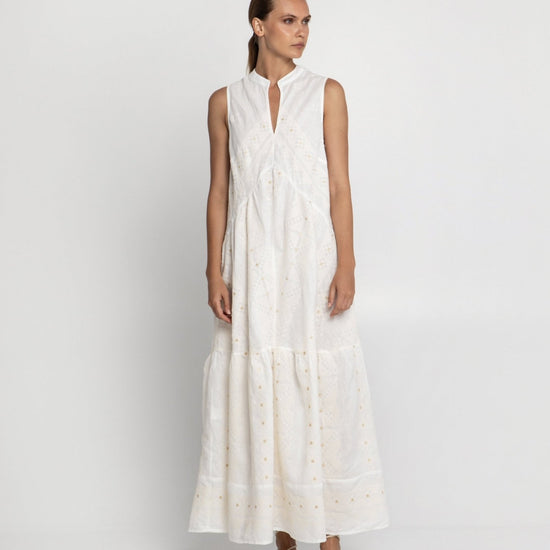 Young Ideas/Henmores - Pixel Grandad Collar Sleeveless Linen Maxi Dress - 1103 White Ecru Gold - XS