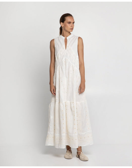 Young Ideas/Henmores - Pixel Grandad Collar Sleeveless Linen Maxi Dress - 1103 White Ecru Gold - XS
