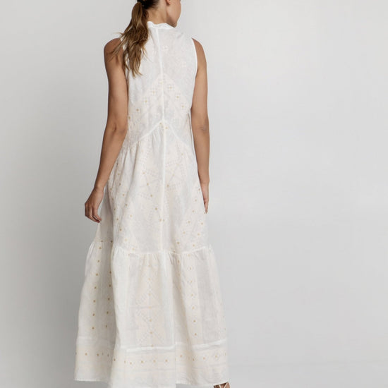 Young Ideas/Henmores - Pixel Grandad Collar Sleeveless Linen Maxi Dress - 1103 White Ecru Gold - XS