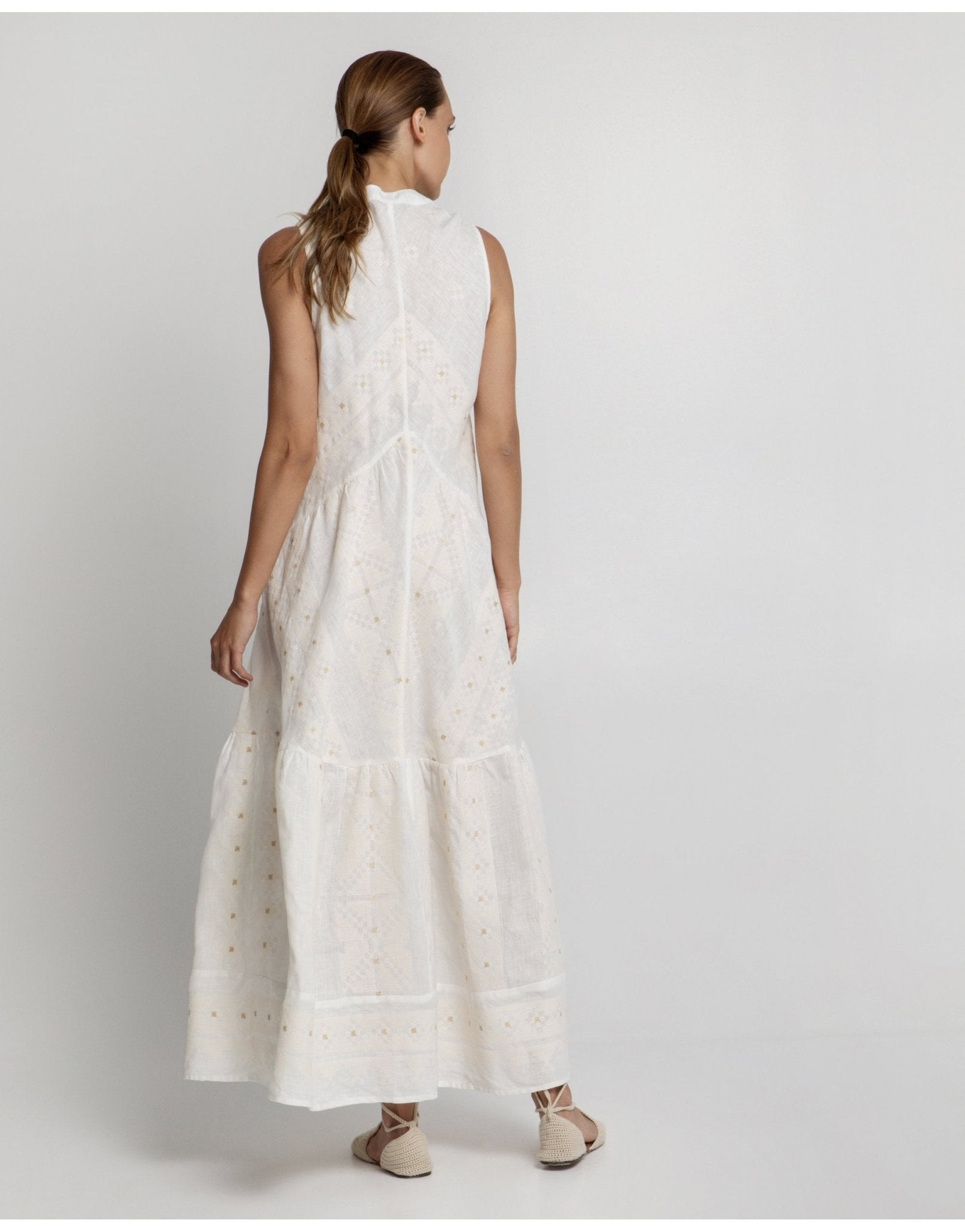 Young Ideas/Henmores - Pixel Grandad Collar Sleeveless Linen Maxi Dress - 1103 White Ecru Gold - XS