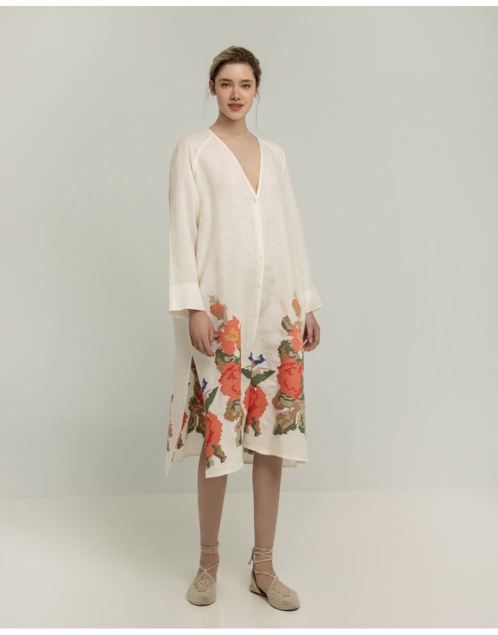 Young Ideas/Henmores - Rose V Neck Side Split Oversized Linen Dress - 1114 White - XS