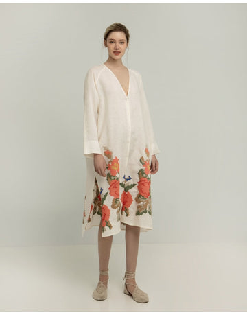 Young Ideas/Henmores - Rose V Neck Side Split Oversized Linen Dress - 1114 White - XS