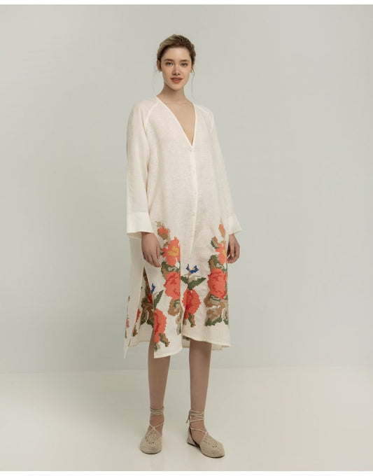 Young Ideas/Henmores - Rose V Neck Side Split Oversized Linen Dress - 1114 White - XS