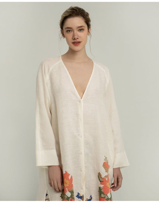 Young Ideas/Henmores - Rose V Neck Side Split Oversized Linen Dress - 1114 White - XS