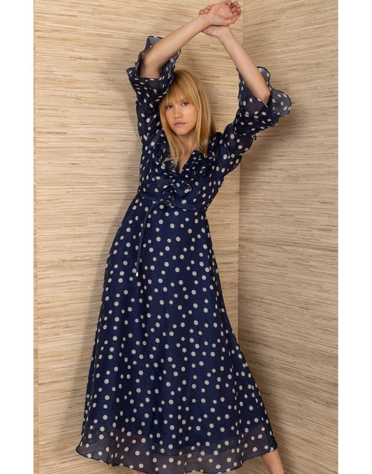 Young Ideas/Henmores - Aiyana Polka Dot Frill Midi Dress - Navy - S