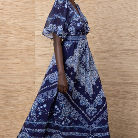 Young Ideas/Henmores - Alitzel Paisley Elasticated Waist Midi Dress - Navy - S