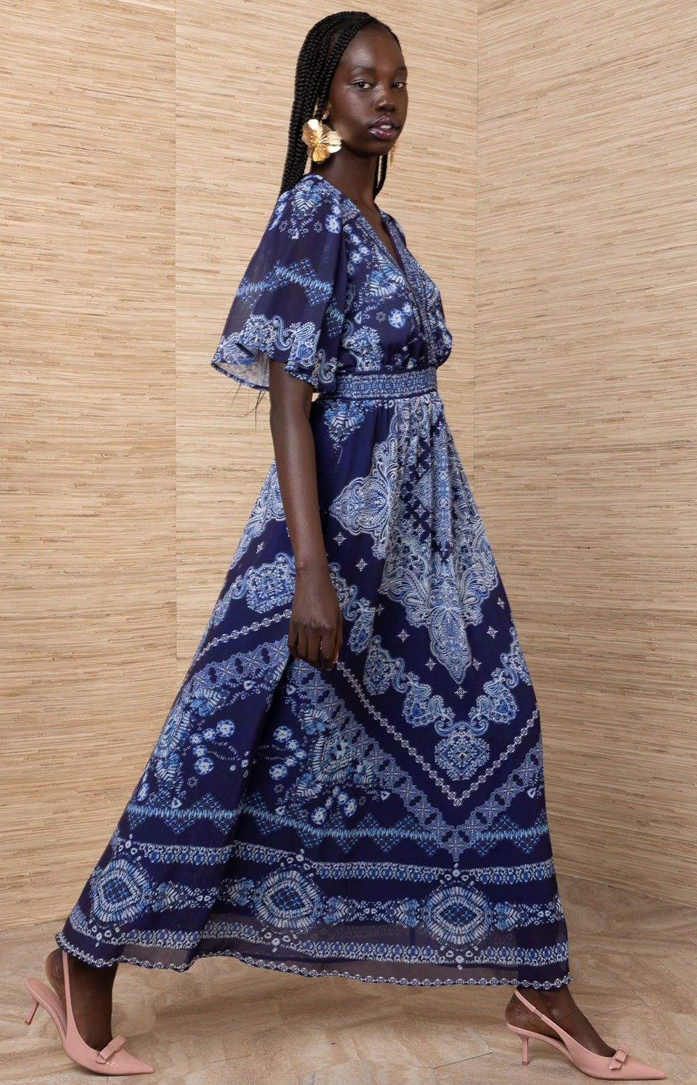 Young Ideas/Henmores - Alitzel Paisley Elasticated Waist Midi Dress - Navy - S