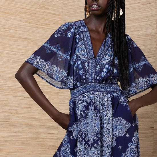 Young Ideas/Henmores - Alitzel Paisley Elasticated Waist Midi Dress - Navy - S