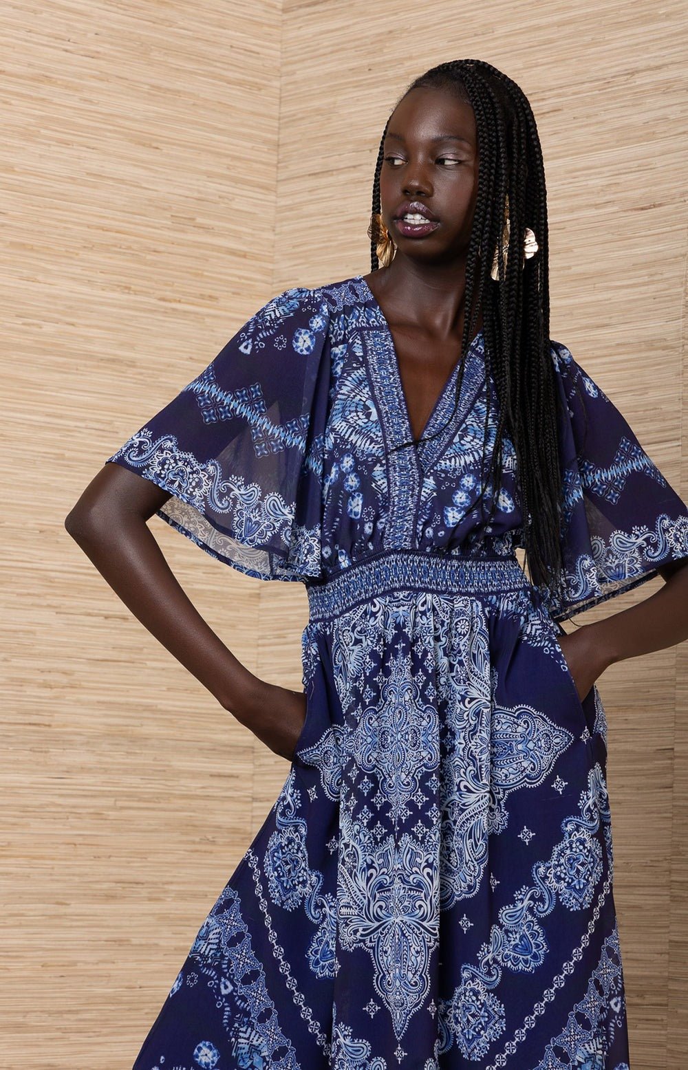 Young Ideas/Henmores - Alitzel Paisley Elasticated Waist Midi Dress - Navy - S