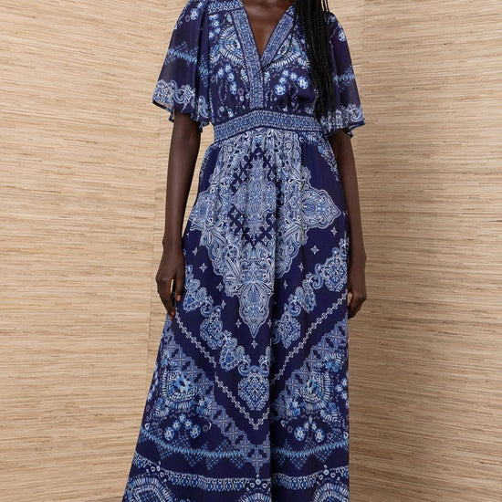 Young Ideas/Henmores - Alitzel Paisley Elasticated Waist Midi Dress - Navy - S