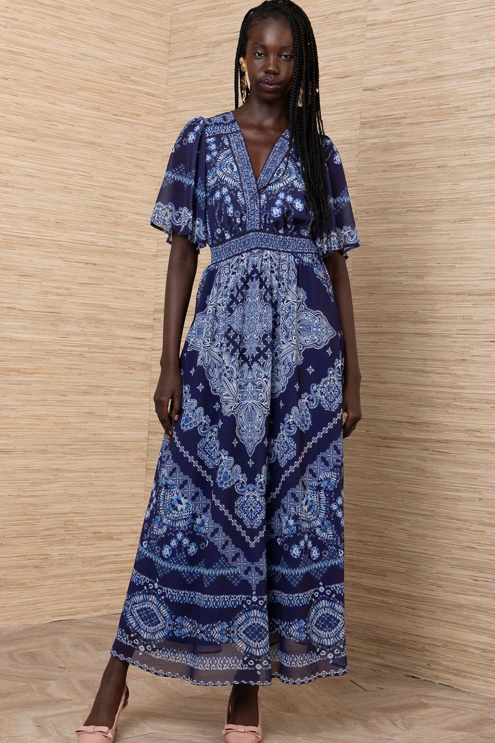 Young Ideas/Henmores - Alitzel Paisley Elasticated Waist Midi Dress - Navy - S