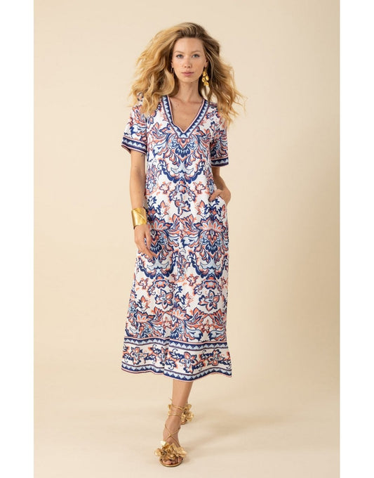 Young Ideas/Henmores - Bethany Bold Paisley Short Sleeve Midi Dress - Navy Rust - S