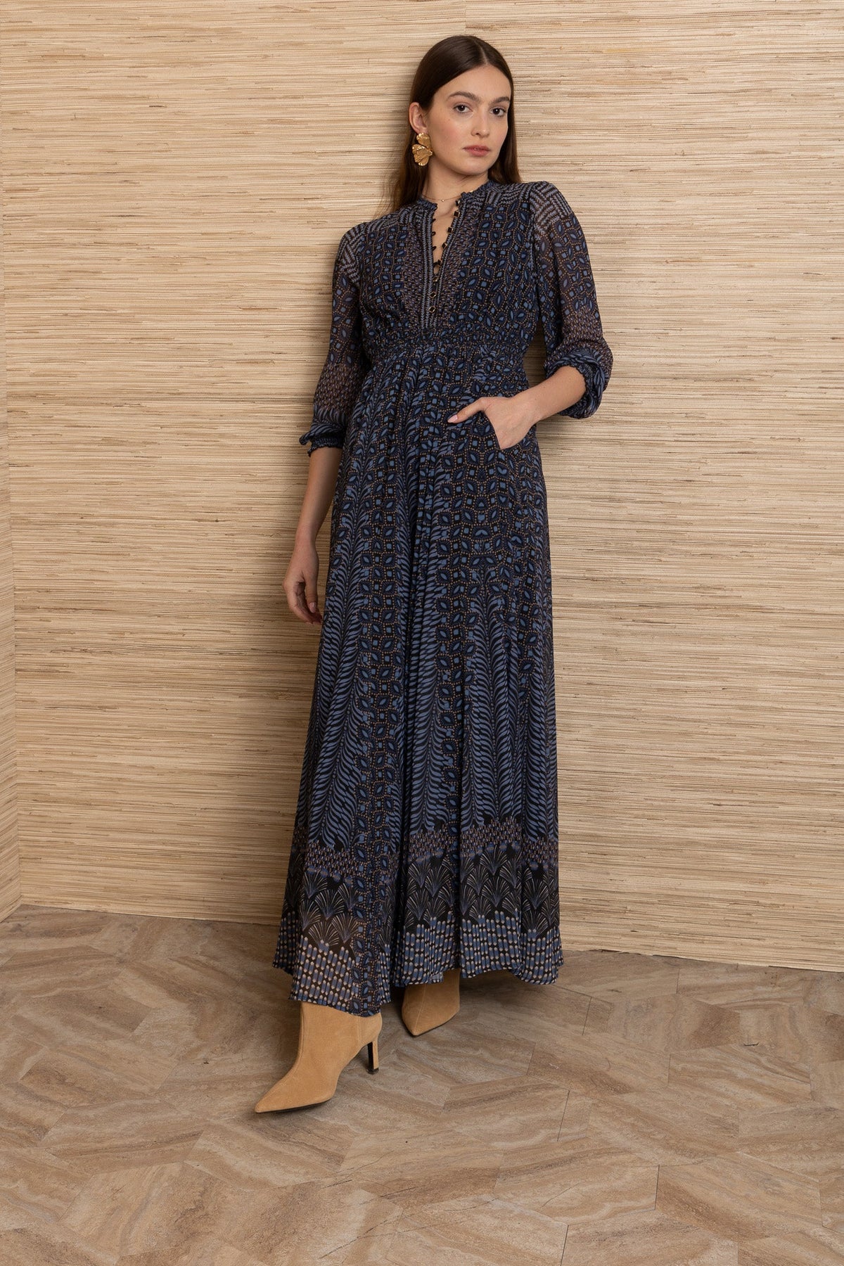 Young Ideas & Henmores -Blythe Geometric Print Dress -Navy -S