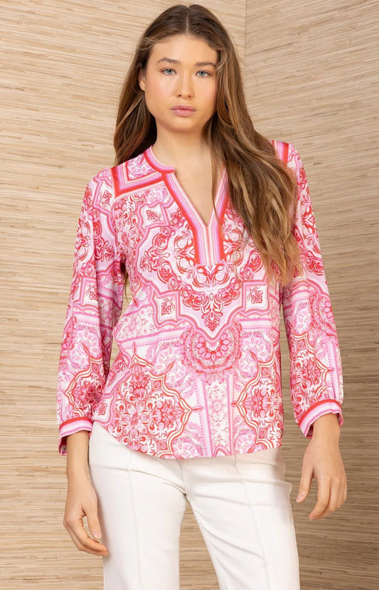 Young Ideas/Henmores - Callahan Geometric Jersey Top - Red/Pink - S