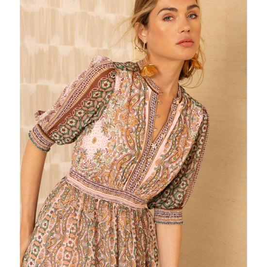 Young Ideas/Henmores - Ellison Floral 1/2 Sleeve V Neck Midi Dress - pink - S