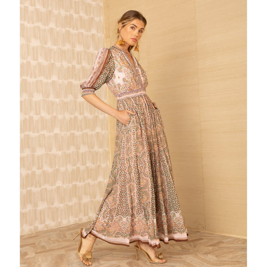 Young Ideas/Henmores - Ellison Floral 1/2 Sleeve V Neck Midi Dress - pink - S