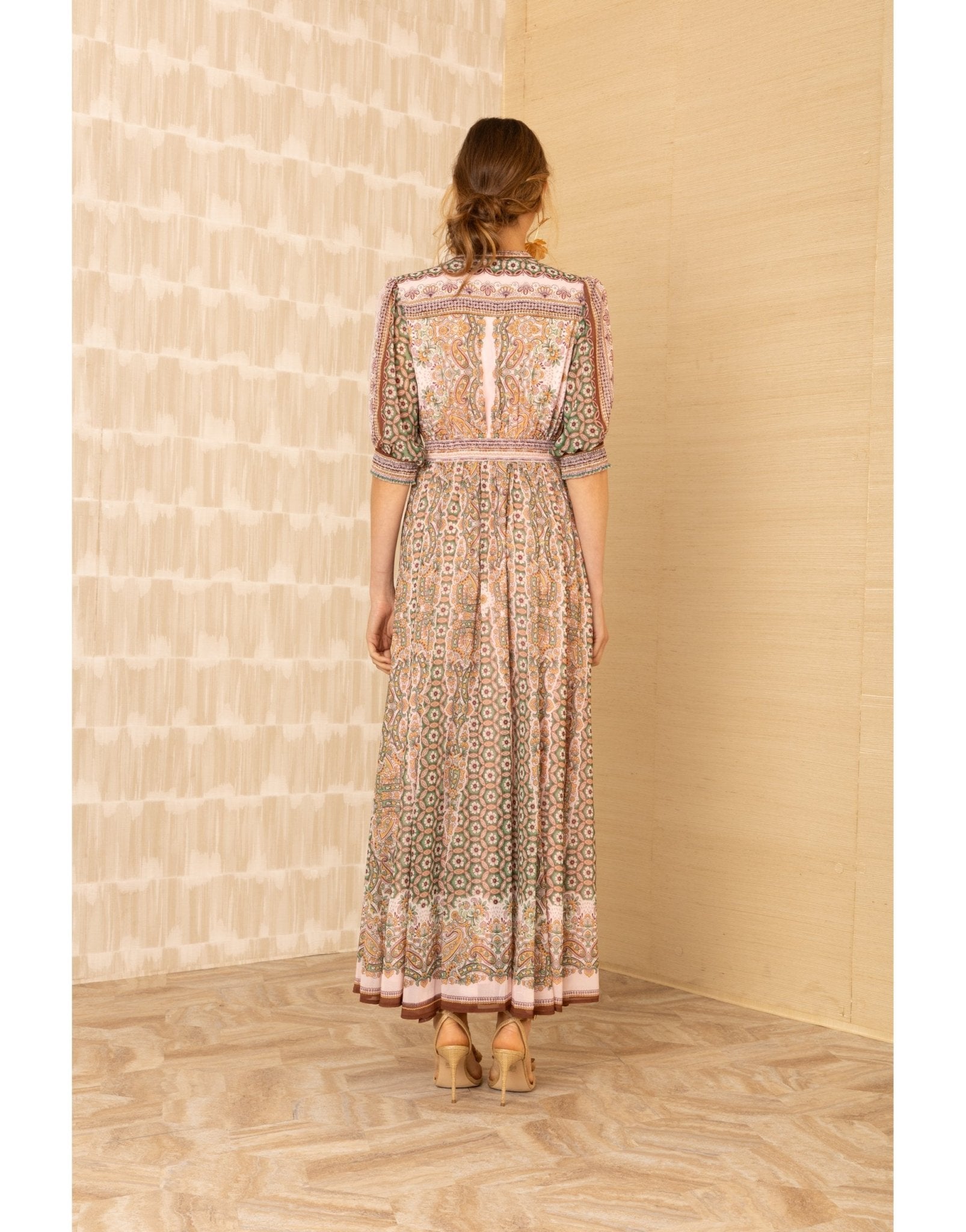 Young Ideas/Henmores - Ellison Floral 1/2 Sleeve V Neck Midi Dress - pink - S