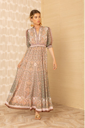 Young Ideas/Henmores - Ellison Floral 1/2 Sleeve V Neck Midi Dress - pink - S