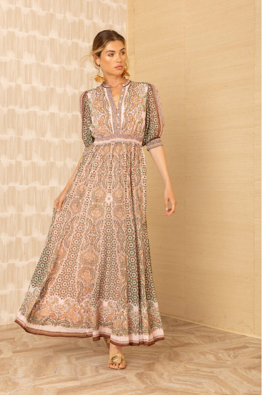 Young Ideas/Henmores - Ellison Floral 1/2 Sleeve V Neck Midi Dress - pink - S