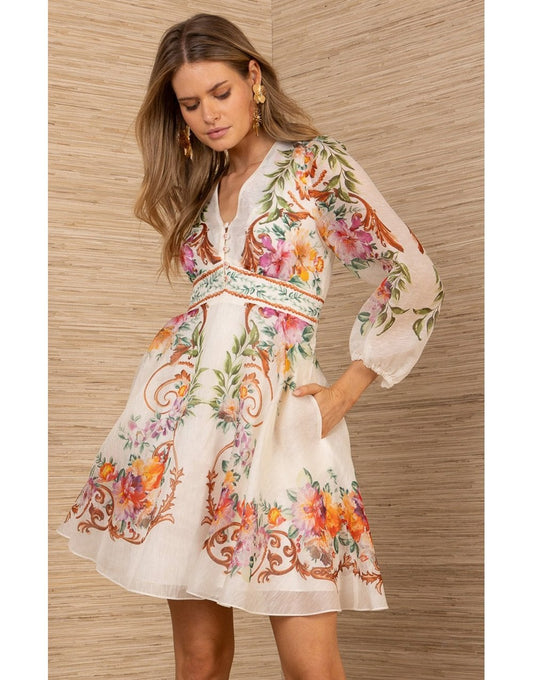 Young Ideas/Henmores - Frida Soft Floral Long Sleeve Mini Dress - ivory - S