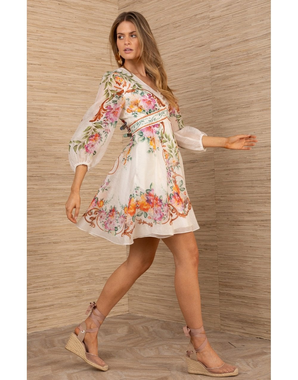 Young Ideas/Henmores - Frida Soft Floral Long Sleeve Mini Dress - ivory - S