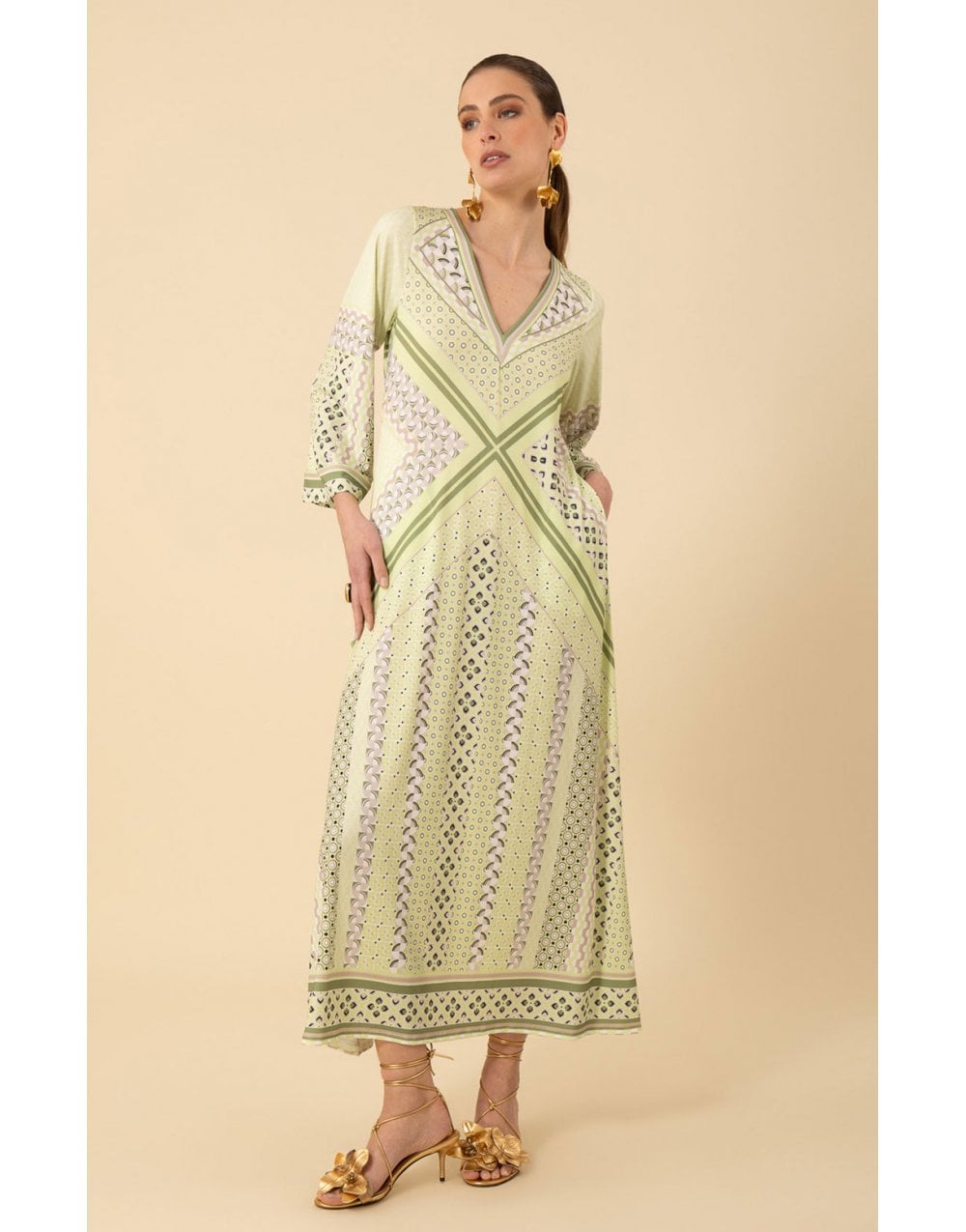 Young Ideas/Henmores - Henley Geometric Jersey Midi Dress - Olive Green - S