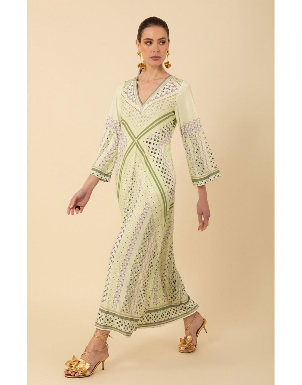 Young Ideas/Henmores - Henley Geometric Jersey Midi Dress - Olive Green - S