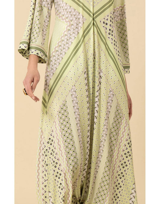 Young Ideas/Henmores - Henley Geometric Jersey Midi Dress - Olive Green - S